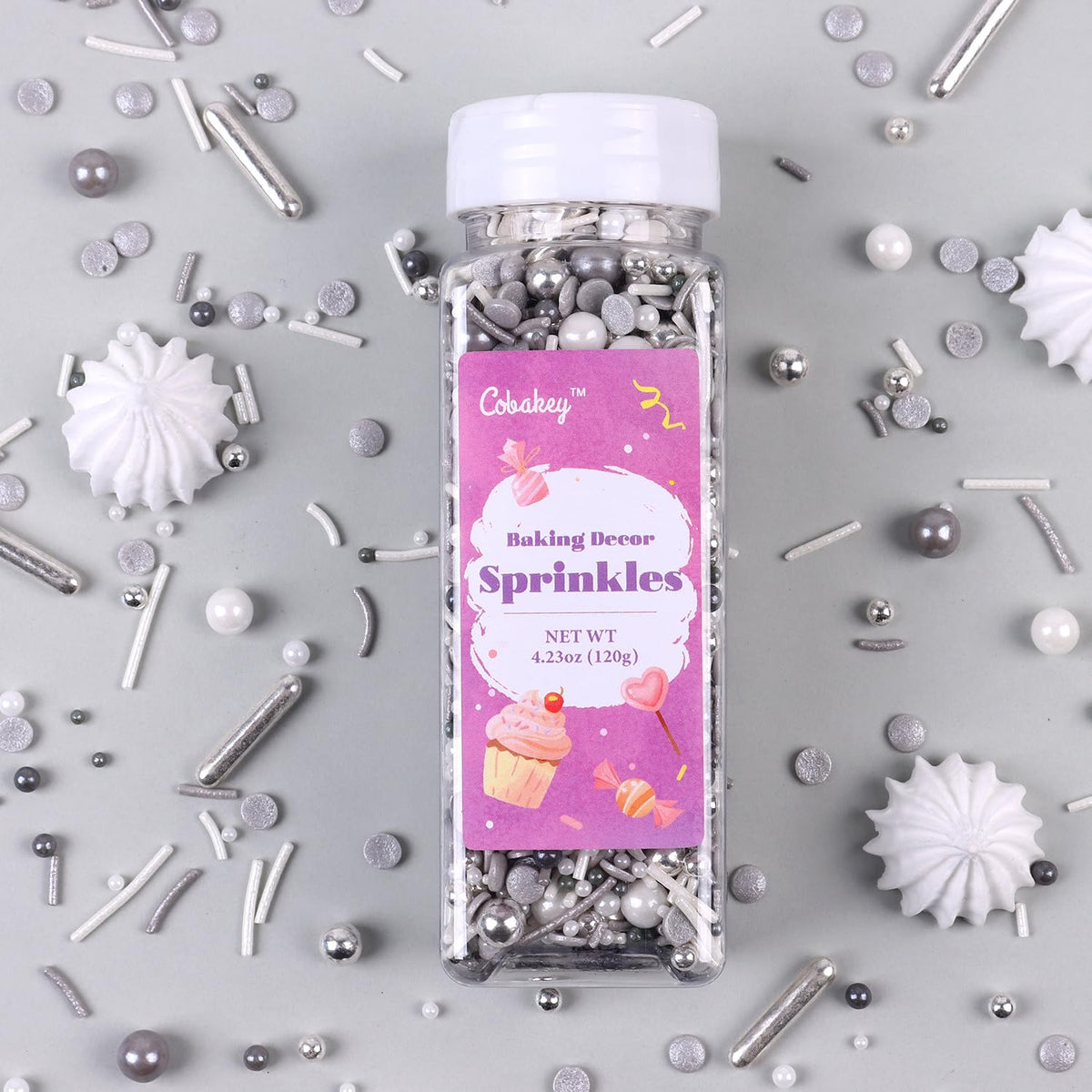 Gray & Sliver Sprinkles for Cake Decorating 4.23ounce - Sugar Mix Contains Metallic & Pearl Sprinkles for Cupcake Toppers, Ice Cream, Candy, Cookie Decorations - Holiday Party Supplies