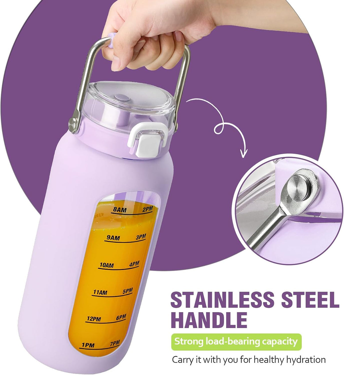 Kytffu 64 oz Glass Water Bottle with Straw and Stainless Steel Handle, Half Gallon Water Bottle with Silicone Sleeve and Time Marker, 2L Large Glass Bottle for Gym, School, Travel, Leak-proof (Purple)