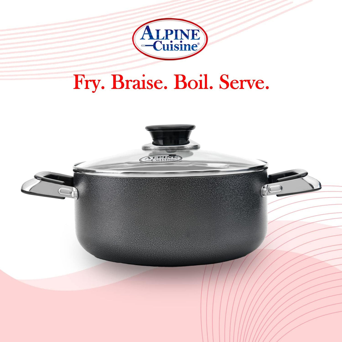 Alpine Cuisine 8.5 Quart Non-stick Stock Pot with Tempered Glass Lid and Carrying Handles, Multi-Purpose Cookware Aluminum Dutch Oven for Braising, Boiling, Stewing