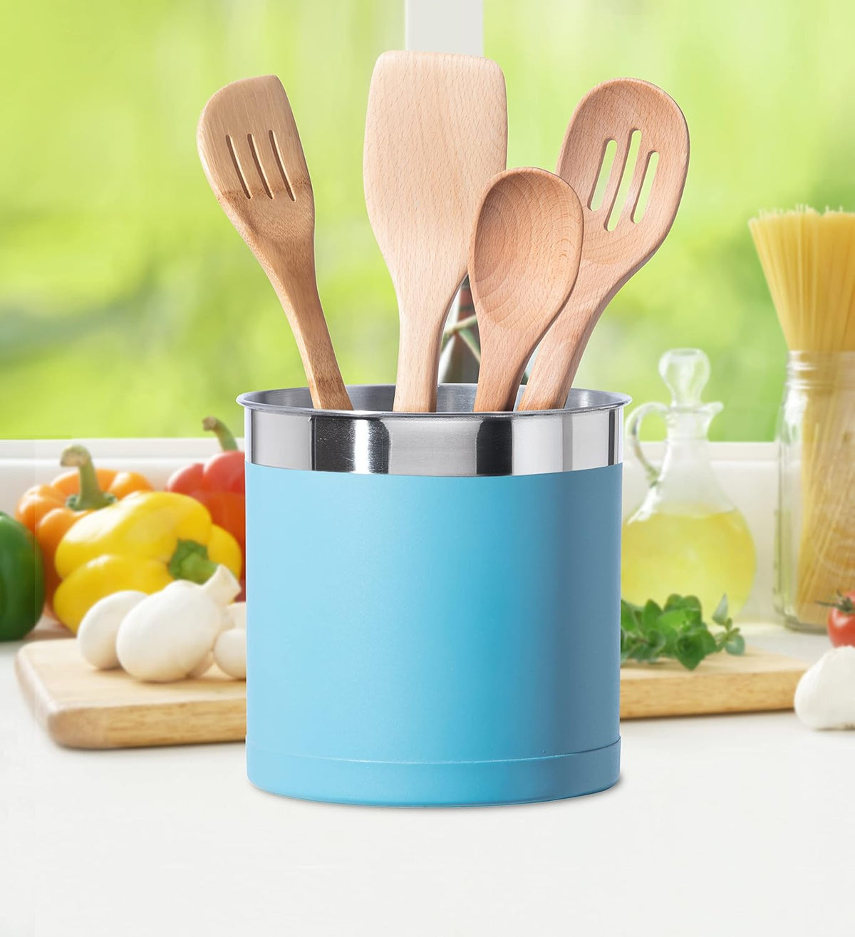 OGGI Stainless Steel Jumbo Utensil Holder - 7" Utensil Caddy, Weighted Base for Stability - Extra Large Utensil Crock and Countertop Utensil Organizer, Turquoise