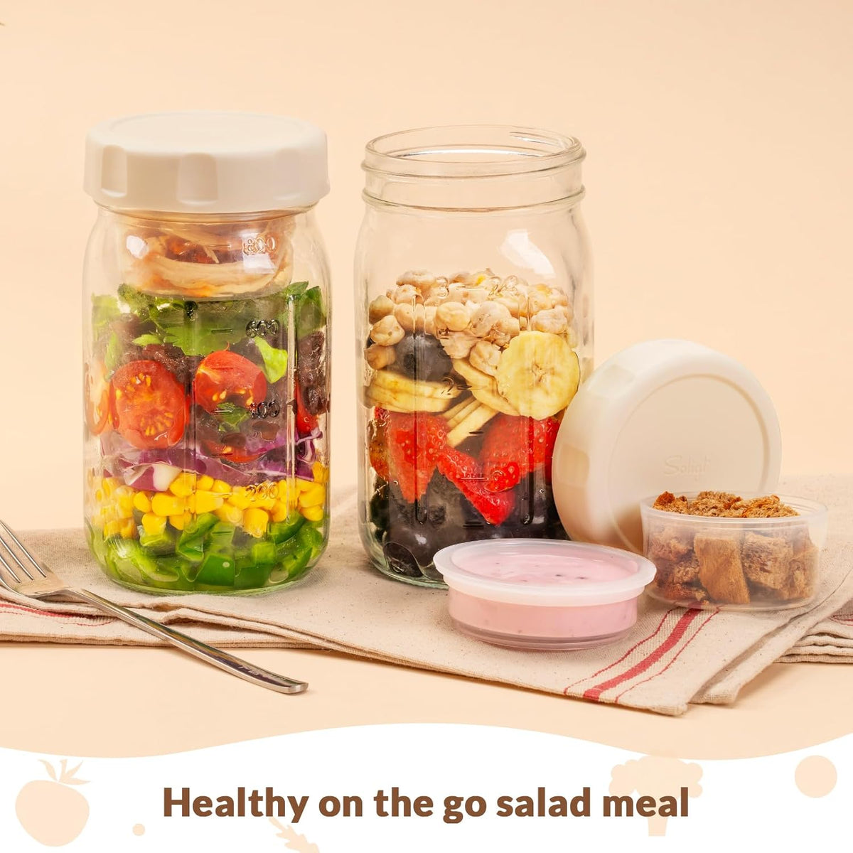 SOLIGT 4 Pack Glass Salad Jars with Lids Meal Prep, Leakproof Container for Lunch, Two Small Built-in Boxes with Wet/Dry Separation for Salad Dressing and Dry Ingredients, 32oz Mason Jars
