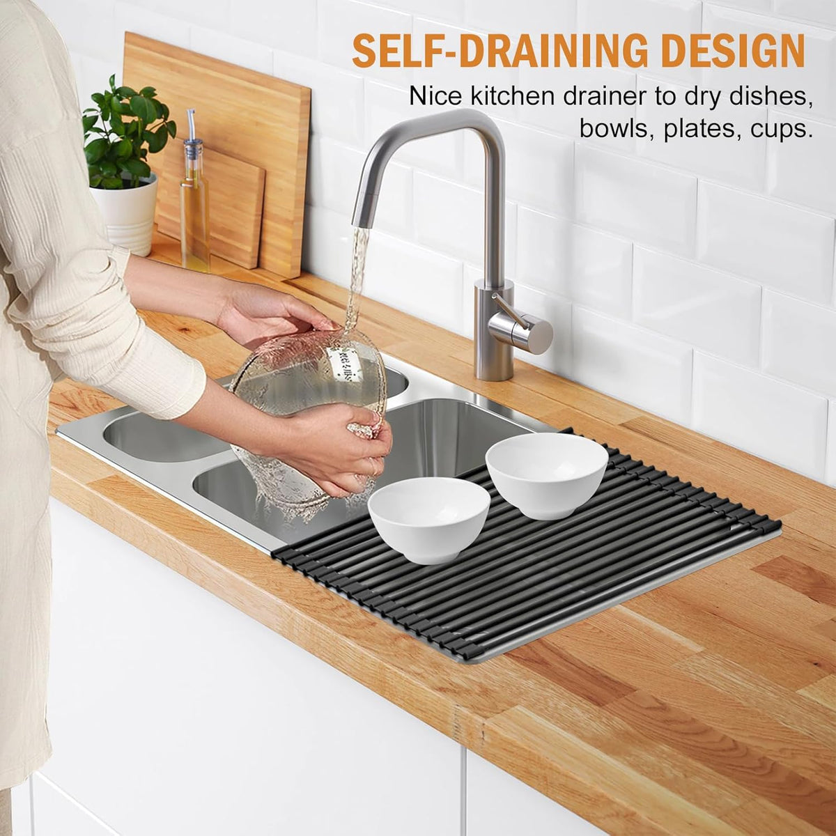 LEMIKKLE Roll Up Dish Drying Rack 17" x 13", Over The Sink Dish Drainer Rack, Foldable Sink Drying Rack, Anti-Slip Silicone Wrapped Dish Drainer for Kitchen Counter (Black)