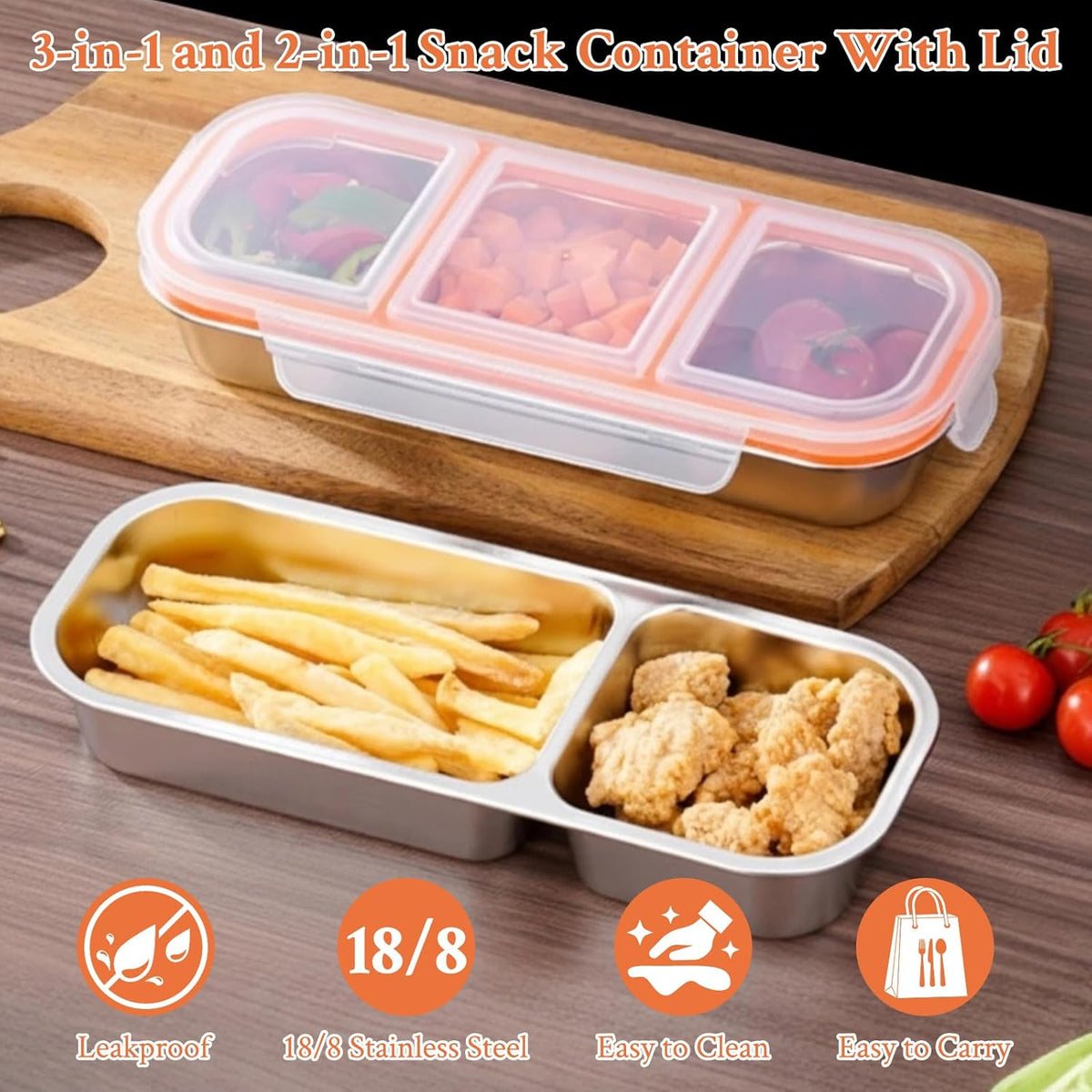 2 Pack Stainless Steel Snack Containers, 3+2 Compartment Snack boxes, Reusable Snack Containers with Lids for Adults - Leakproof Divided Metal Food Storage Bento Lunch Box for Work, Office, Travel
