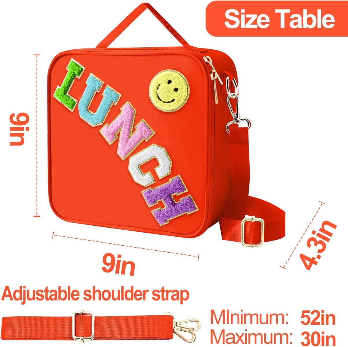 Insulated Lunch Bag With Adjustable Shoulder Strap, Nylon Preppy Lunch Box Large Insulated Lunch Bag Reusable Lunch Tote Bag with Smiley Preppy LunchBag for Girls School Travel Picnic (Orange)