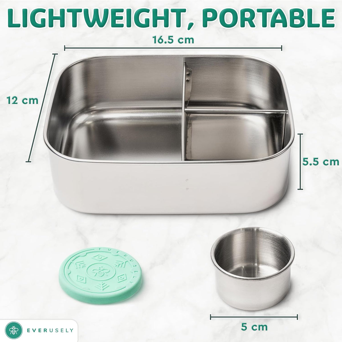 Everusely - Bento Box - Green, 27oz / 0.8 L - Stainless Steel Lunch Box with Leakproof Condiment Container - 3 Compartment Snack Organizer for On the Go Meals - Freezer & Dishwasher Safe
