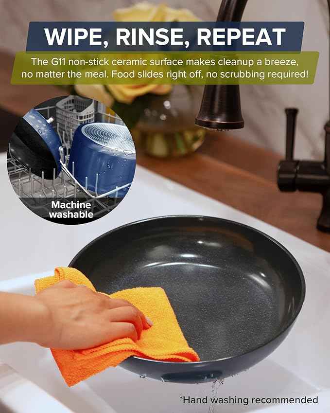 Nuwave Healthy G11-Pots and Pans Set Non Stick, 9H Near-Diamond Hardness Scratch-Resistant, Works on All Stovetops, PFAS Free, with Frying Pans, Saucepans & Glass Lids, Stay-Cool Handles, Deep Blue