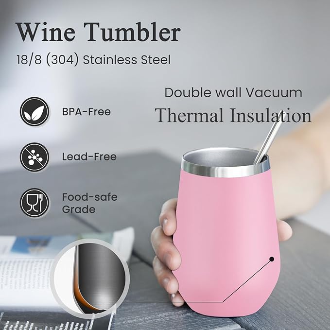 MEWAY 12oz Insulated Wine Tumbler with Press-In Lid, Double Wall Vacuum Stainless Steel Travel Tumbler with Straw,Travel Cup for Coffee and Drinks, Gift for Woman Under 10 dollars(Pink,1)