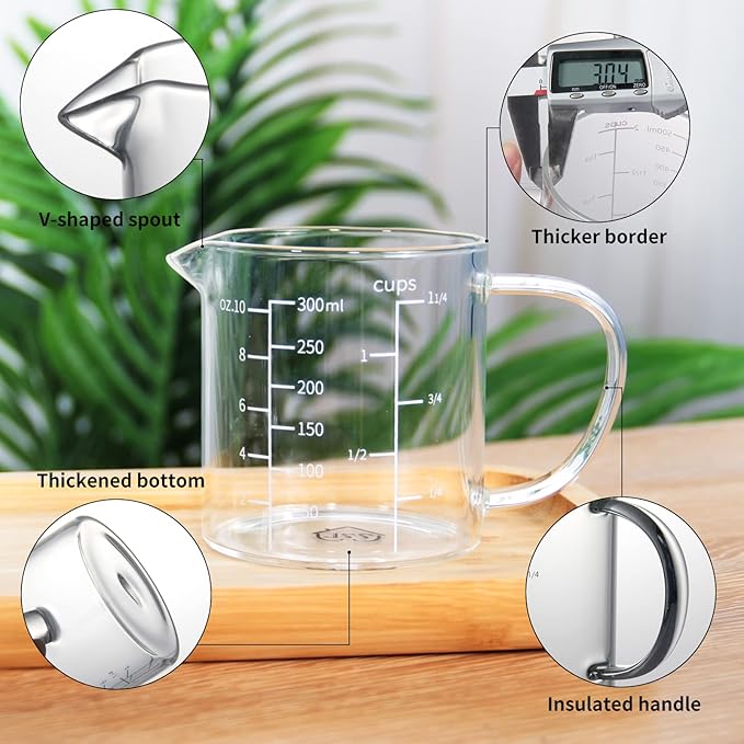 77L Glass Measuring Cup, Clear Liquid Measuring Cup with V-Shaped Spout and Three Scales, High Borosilicate Glass Beaker with Handle for Kitchen or Restaurant, 300 ML (0.3 Liter, 1 1/4 Cup)