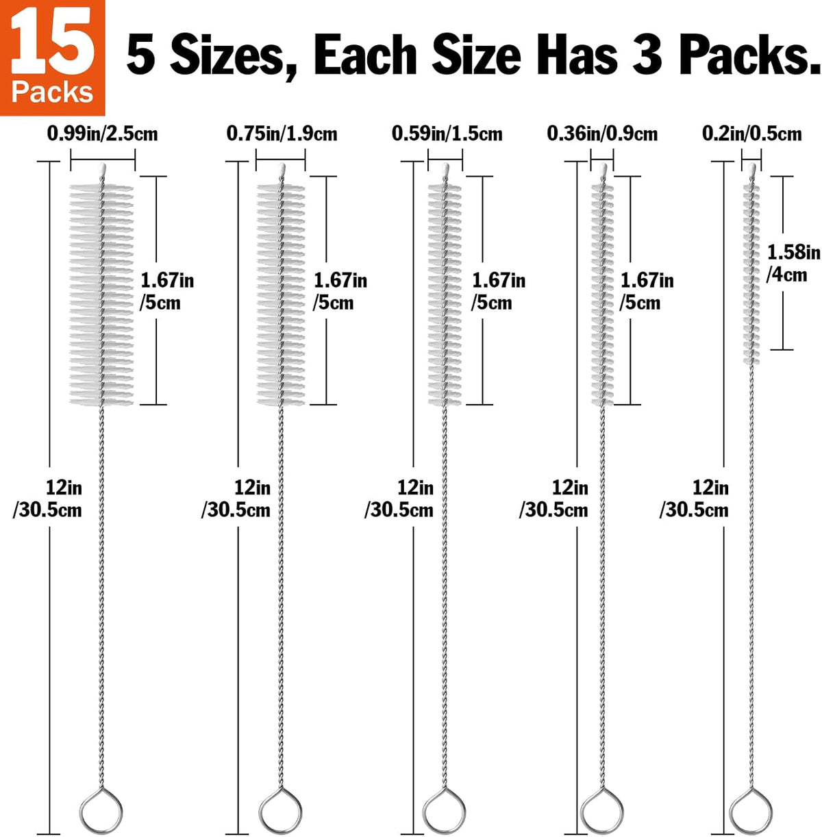 AZEN 15 Pack Straw Cleaner Brush Set, 12 inch Extra Long, 5 Different Diameters Reusable Cleaning Brush for Sippy Cup, Water Bottle and Tubes