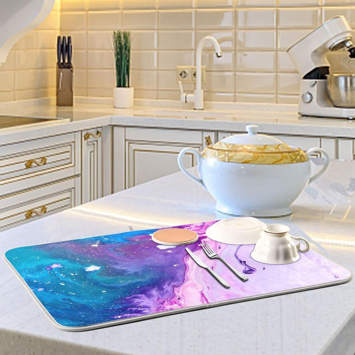 Super Absorbent Dish Drying Mat, Microfiber Fast-Drying Dish Mat, 24" x 18", Kitchen Dish Drying Pad, Abstract Purple Blue Marble