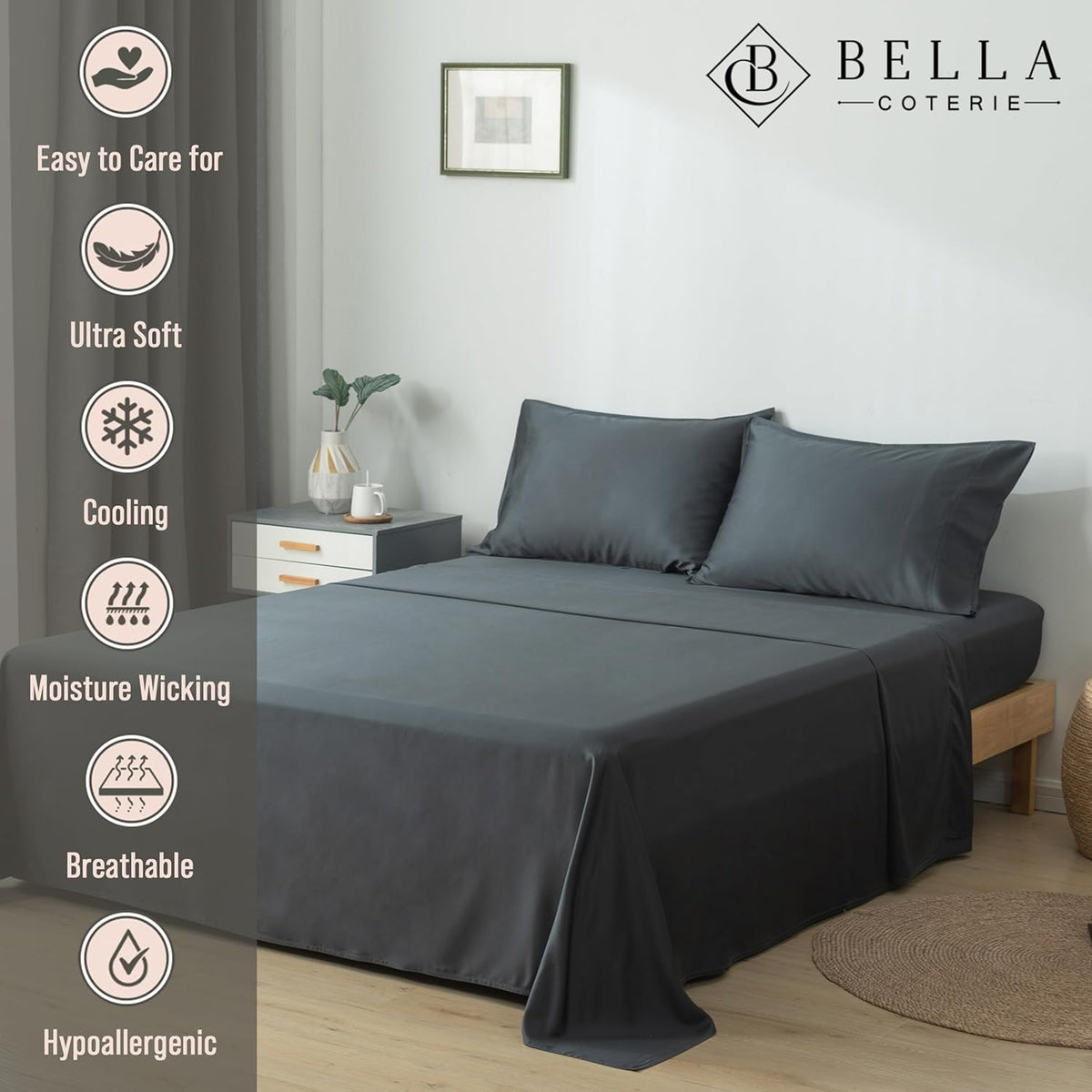 Bella Coterie Luxury Bamboo Viscose Split King Size Sheet Set | 100% Organically Grown | Ultra Soft | Cooling for Hot Sleepers | 18" Deep Pocket [Charcoal Grey]