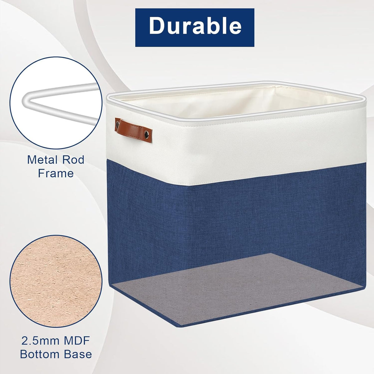 Large Fabric Storage Baskets | 50L Storage Bins, Decorative Linen Closet Baskets with Handles for Organizing, Shelf, Toys, Clothes, Home, Office, Nursery, 17x12x15Inches (Navyblue&White)