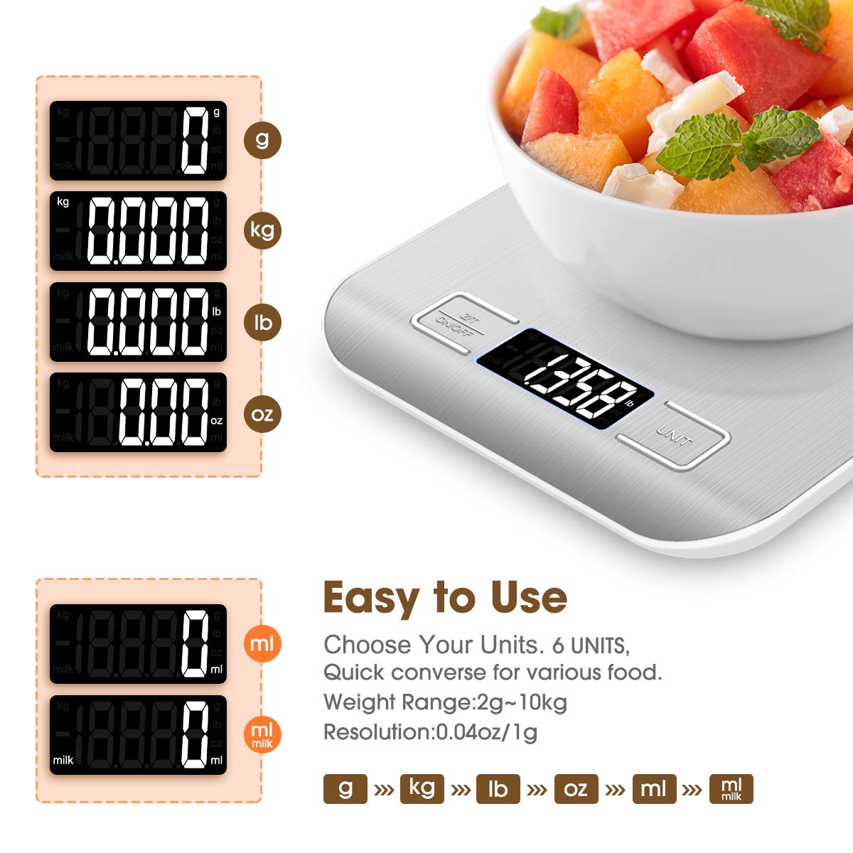 Mik-Nana Food Scale, 22lb Digital Kitchen Scale Weight Grams and Oz for Baking and Cooking, 1g/0.1oz Precise Graduation, Easy Clean Stainless Steel