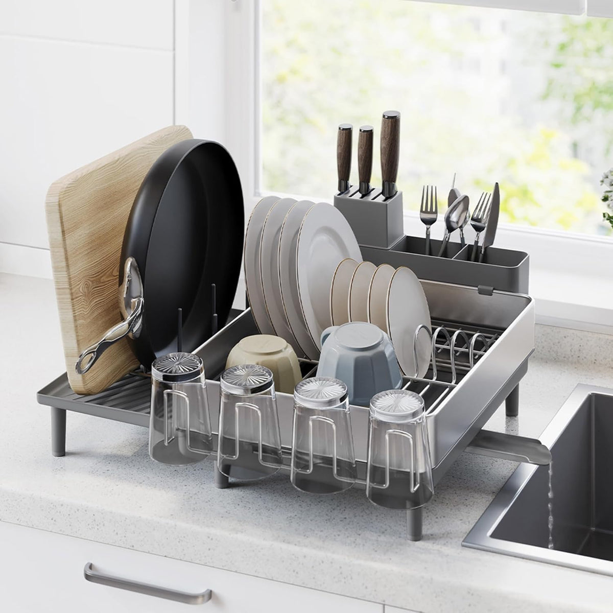 SONGMICS Large Dish Drying Rack, Expandable Dish Dryer for Kitchen Counter, Stainless Steel Dish Rack with Rotatable Spout, Utensil, Cup, Glass, Cutting Board, Pan Holders, Silver and Gray UKCS037G01