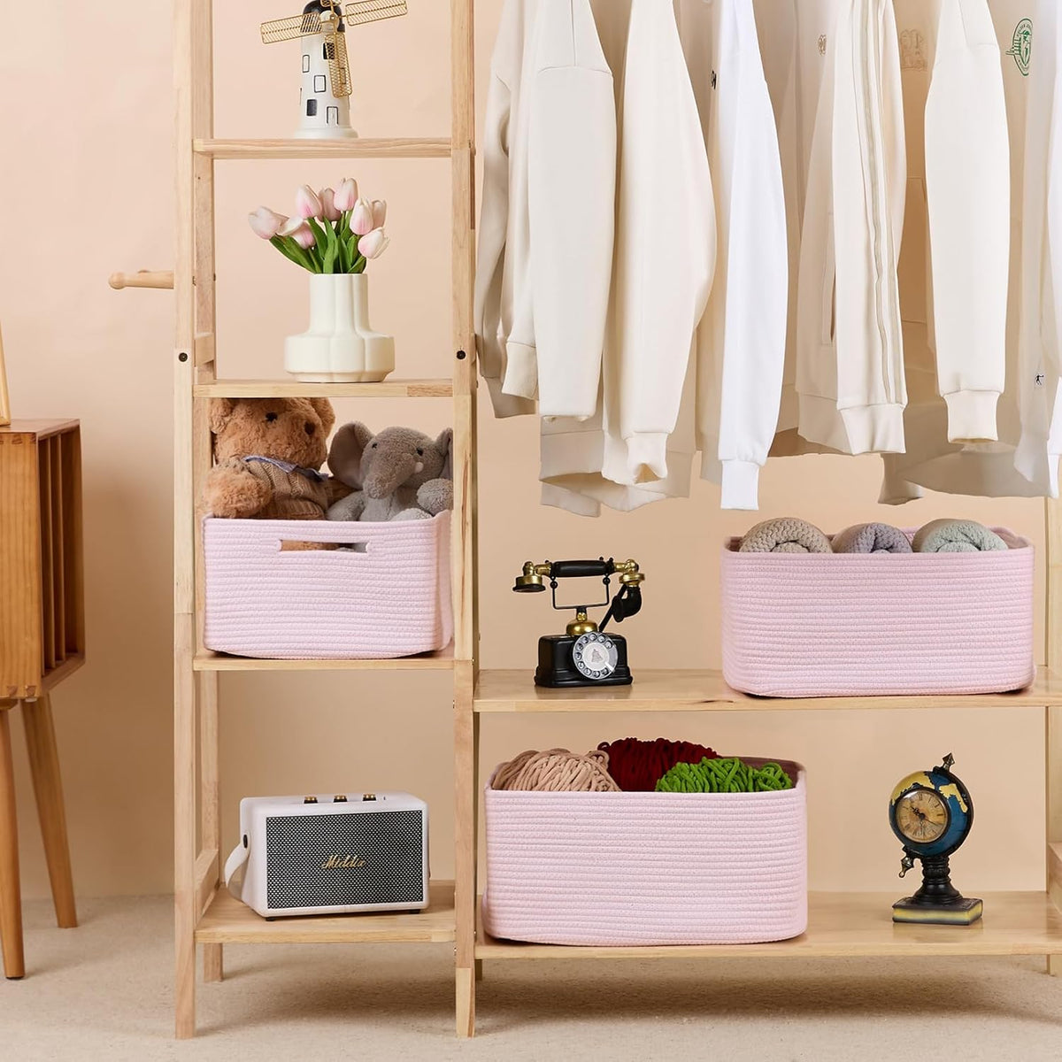 Large Storage Baskets for Shelves, Closet Organizers Bins for Clothes Blanket Towels, Baby Nursery, Toy Baskets Box, Woven Rope Baskets, 17 x 13 x 7.5”, 3 Packs Light Pink