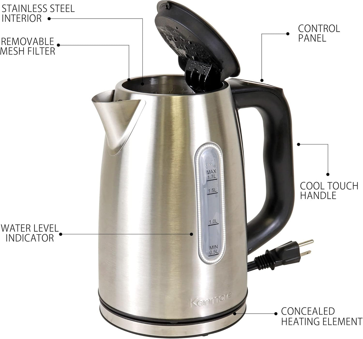 Kenmore Electric Kettle - Cordless Digital Calentador De Agua, Stainless Steel Instant Tea Pot, Preset Temperature Control, Automatic Shut-Off, Rapid Boil, Hot Water Boiling Heater, 1.7 Liter Silver