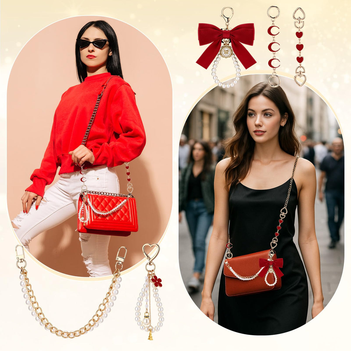 Sureio 5 Pcs Bag Extender Chain Pearl Bow Purse Charm Gold and Red