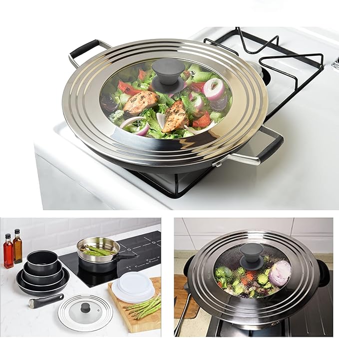 Universal Lid for Pots Pans and Skillets - One Lid Fits All 8.25-12 Inch Pots Frying Pans Skillets Woks, Replacement Pot Lid with Upgraded Heavy Duty Heat Resistant Silicone Handle, Gray