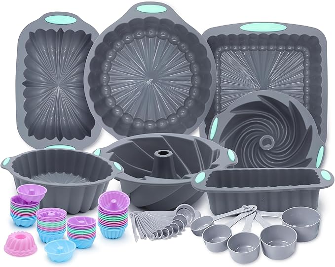 Tongjude 72 Pieces Silicone Bakeware Set, Nonstick Baking Pans Set, Easy Release Oven Silicone Pan for Kitchen with Cake Pans, Loaf Pans, Baking Cups, Measuring Cups and Spoons Set, Grey