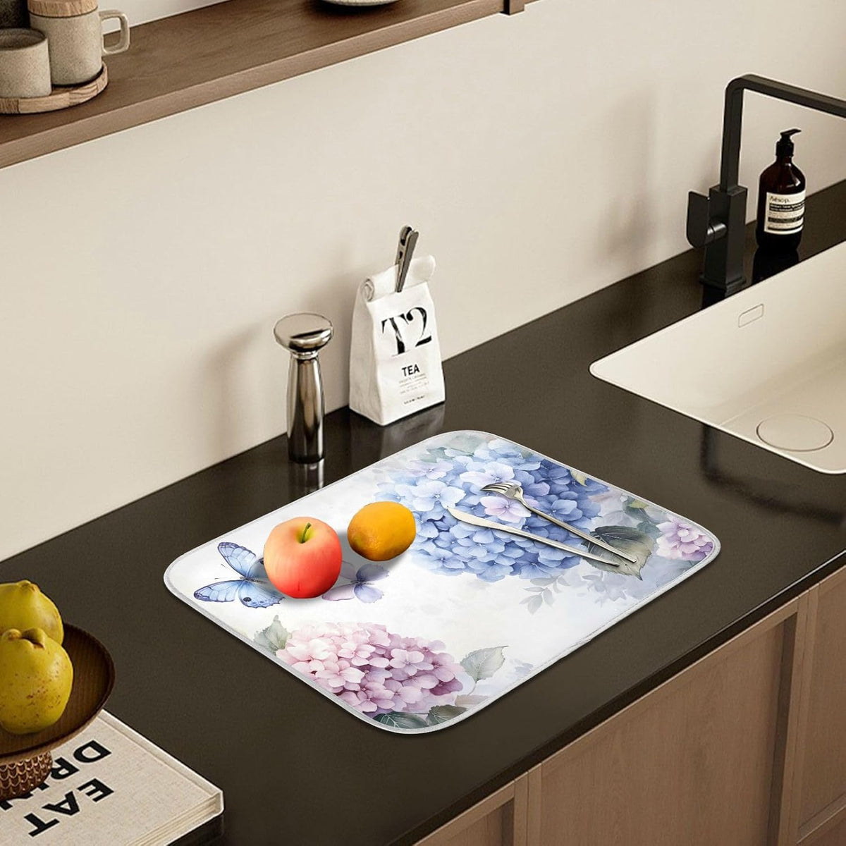 Blue Pink Hydrangea Spring Floral Dish Drying Mat for Kitchen Counter Absorbent Microfiber Large Drying Pad Dish mats for Kitchen Countertops 18 x 24 Inch