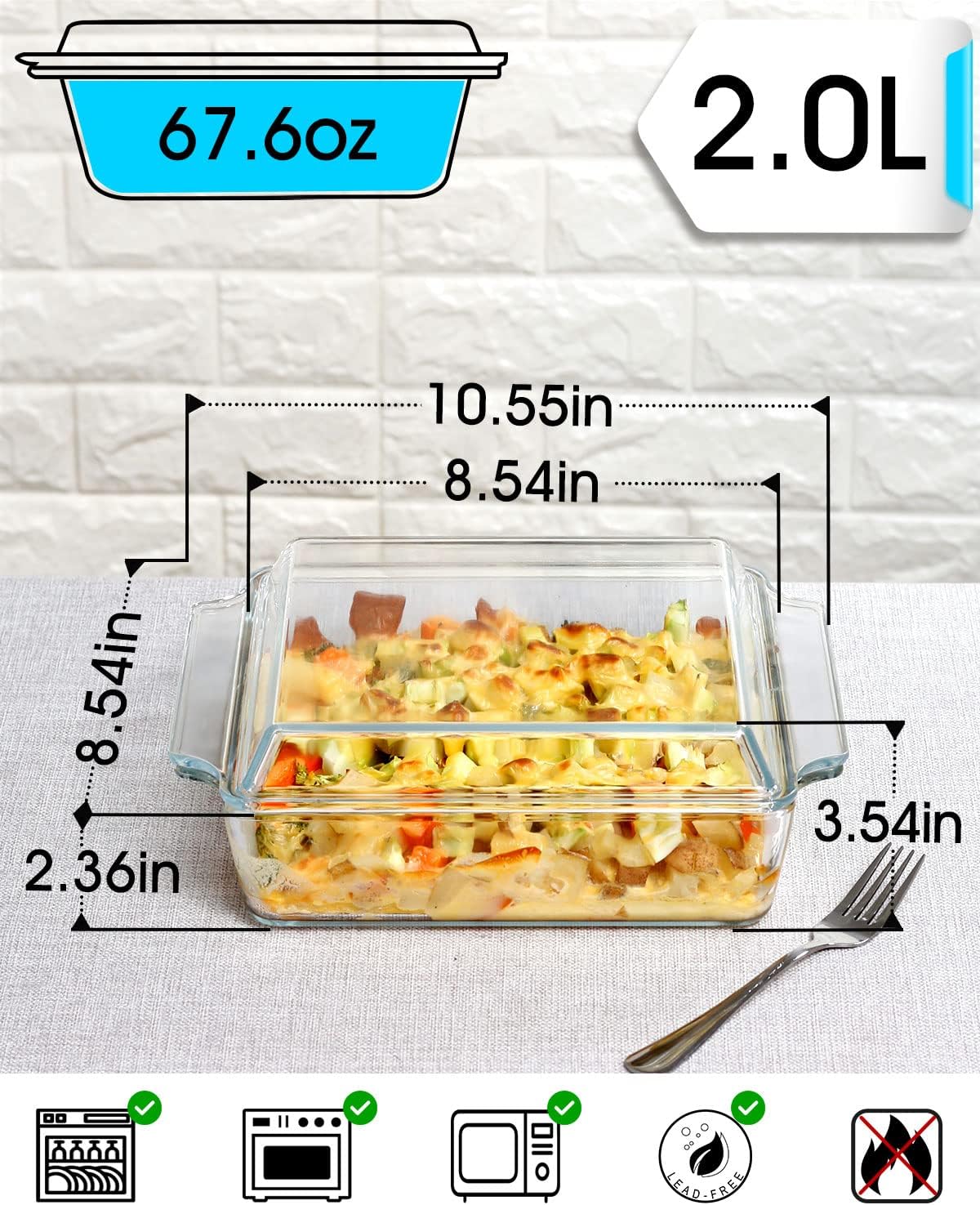 NUTRIUPS 8.5in x 8.5in Square Baking Dish Pans Glass Bakeware Glass Microwave Casserole Dish with Lid and Handles Microwave, Dishwasher, and Oven Safe Cookware