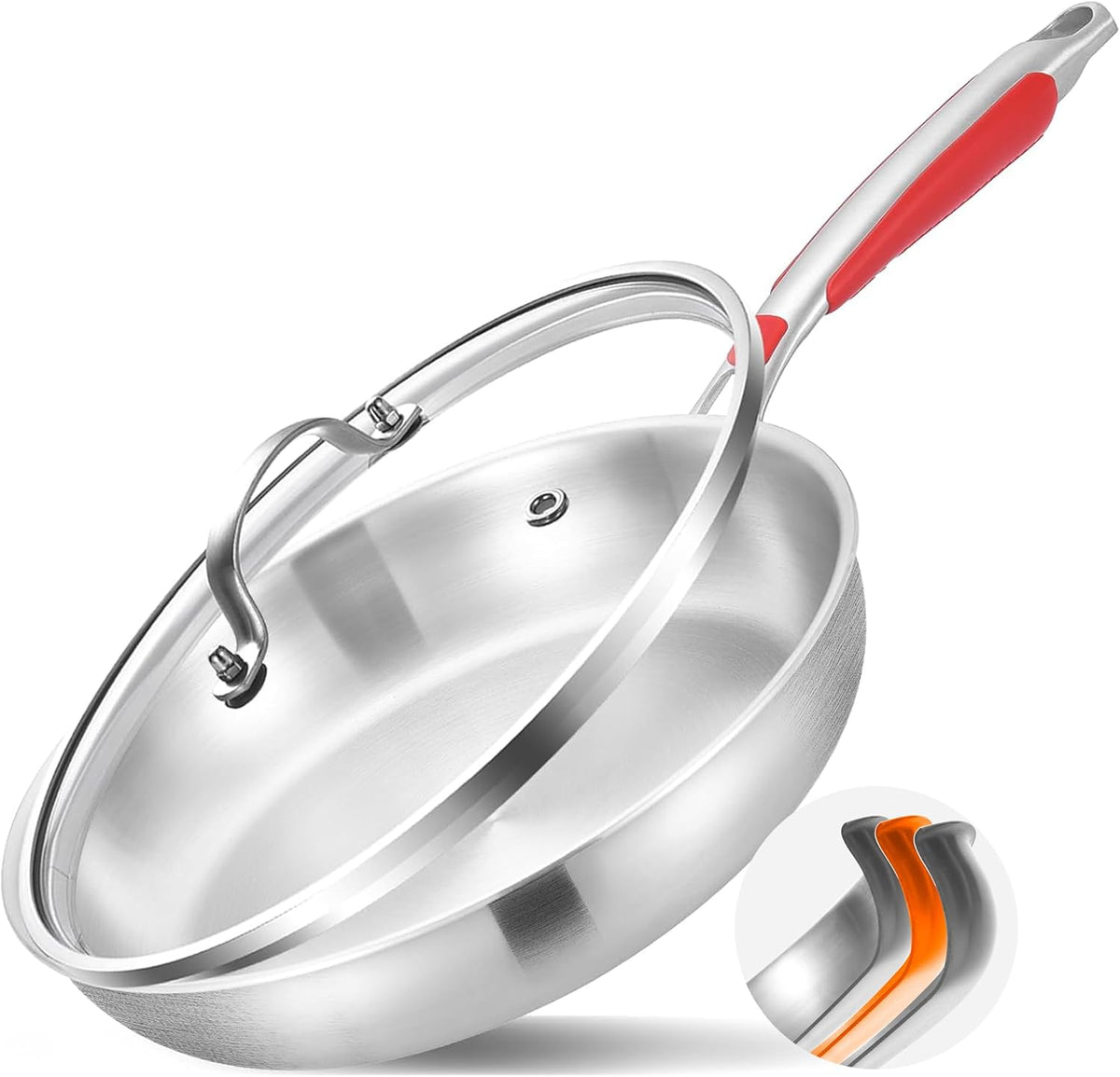 Inqibee 12 Inch Tri-Ply Stainless Steel Frying Pan with Lid,Skillet,Induction Cooking Pan,Dishwasher Safe,Detachable Large Handle