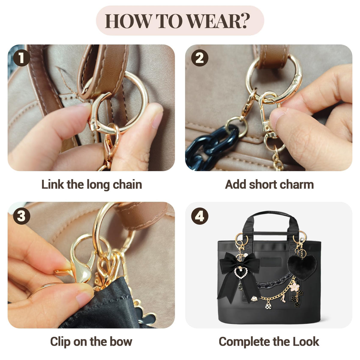 5Pcs Tote Bag Accessories Set for Women, Black Bag Charms Decorative