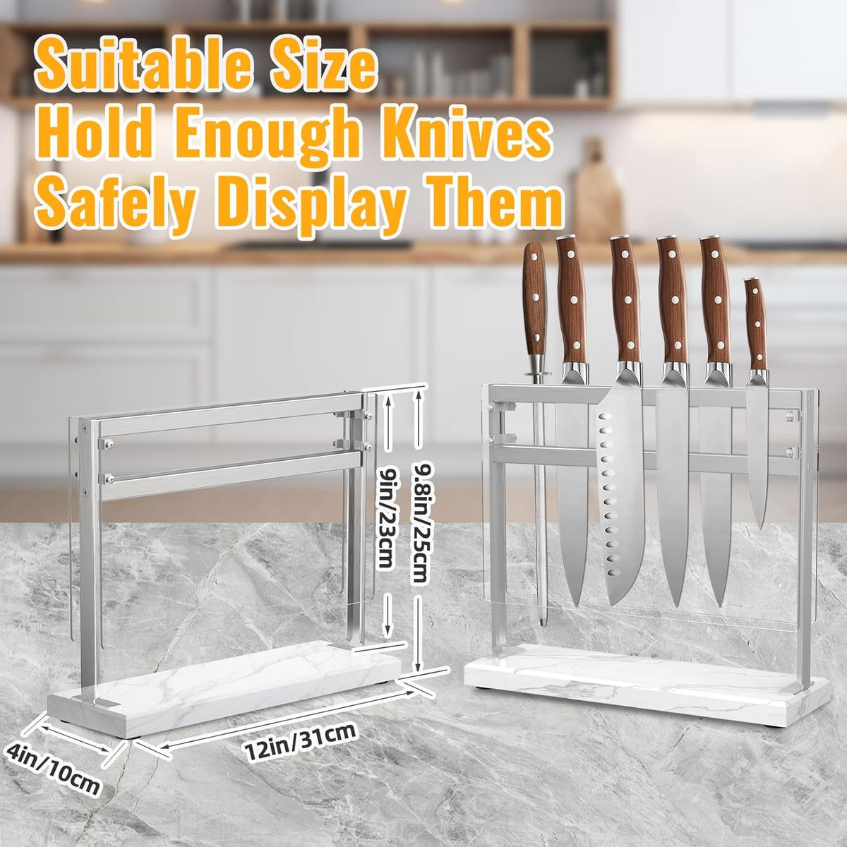 Magnetic Knife Stand Block with Marble Base, Double-sided Stainless Steel Magnets for Countertop with Acrylic Shield, Magnetic Knife Holder for Kitchen Storage, 12 IN, White