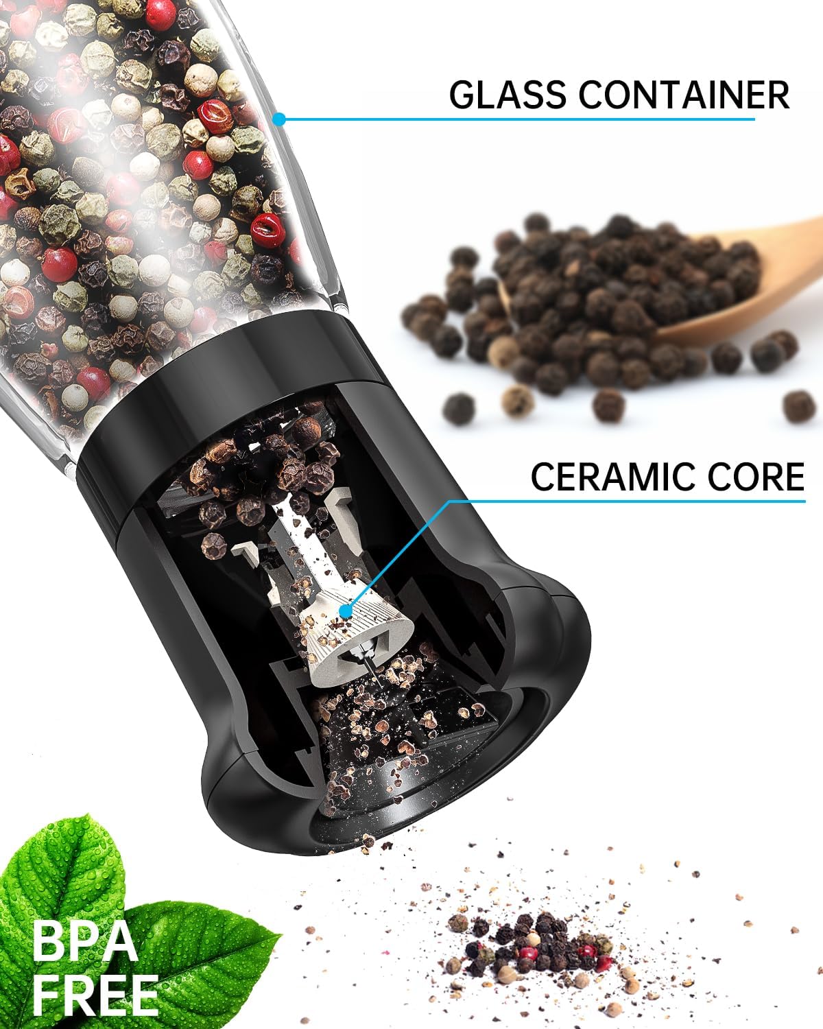 CIRCLE JOY Manual Salt and Pepper Grinder Set For Professional Chef, Refillable Salt and Pepper Shakers with Ceramic Blades, Adjustable Coarseness and BPA-free 180ml Glass Container, Short Black White