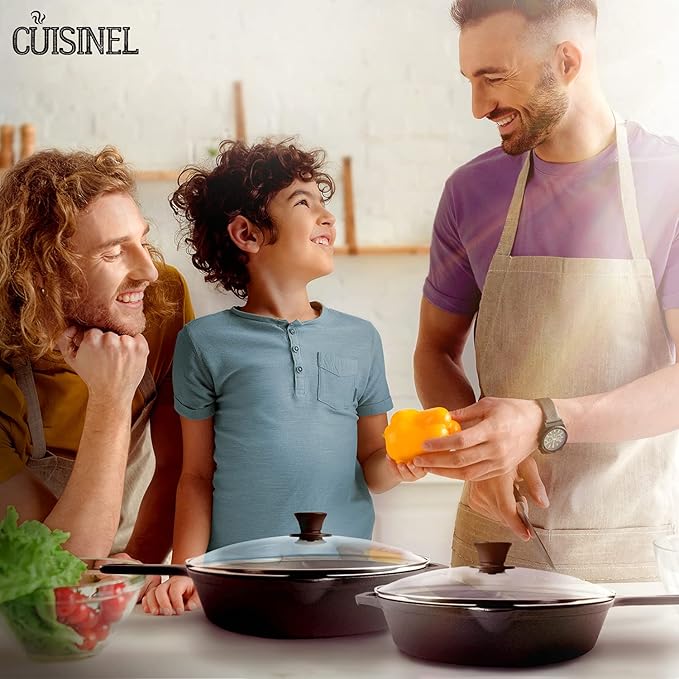 Cuisinel Cast Iron Skillet Set - 10" + 12" Frying Pan + Glass Lids + 2 Handle Cover Grips - Pre-Seasoned Oven Cookware - Indoor/Outdoor Use - Grill, Stovetop, Induction, BBQ, Camping, Fire Use