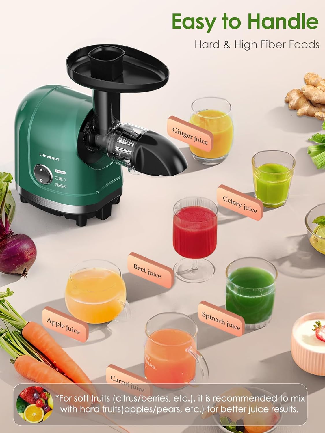 Vegetable Juicer for Celery Wheatgrass Spinach Ginger, Fruit Juicer Machines Slow Masticating Cold Press Juice Extractor Pulp Separated, Quiet Motor, Dishwasher Safe, Easy To Clean, BPA Free
