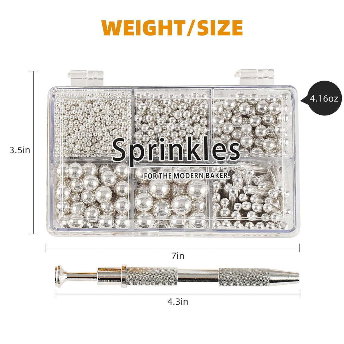 Kasvan silver Mix Sugar Sprinkles - Edible Candy Pearls with 4-Claw Sprinkle Pen,118g/4.16 Oz, Gift Box Pack, Baking Cake Decorations, Ice Cream Toppings and Cookie Decorating, Wedding Party Chirstmas Supplies
