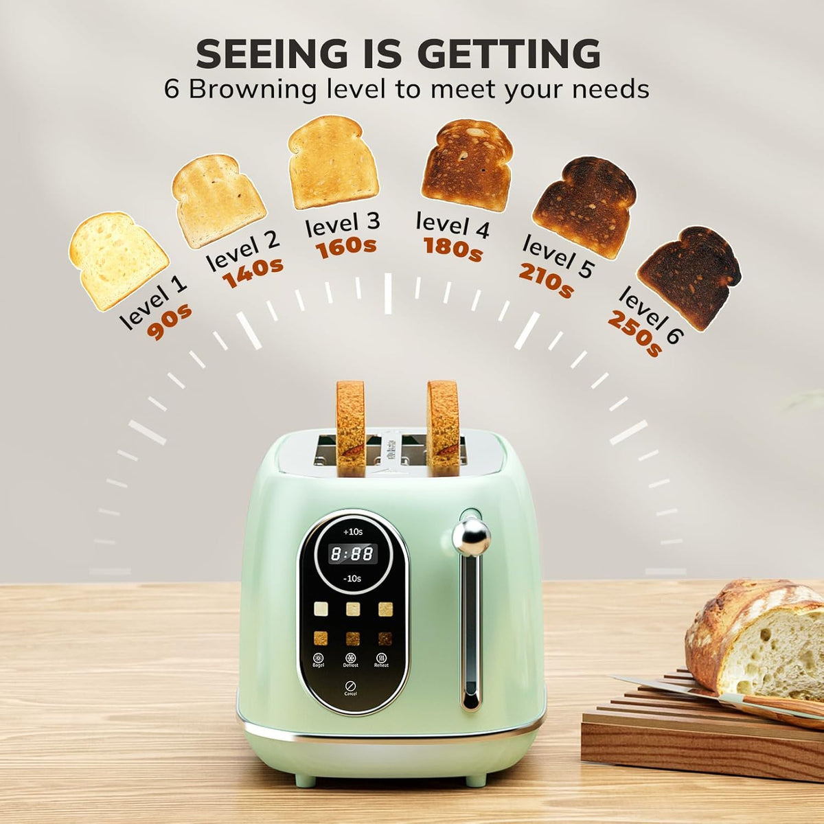 Keenstone Smart Touch Screen Toaster 2 Slice, Retro Wide Slot Stainless Steel Toaster with 6 Browning Levels, Reheat & Defrost, for Bagel, Toast, Bread, Removable Crumb Tray, Green