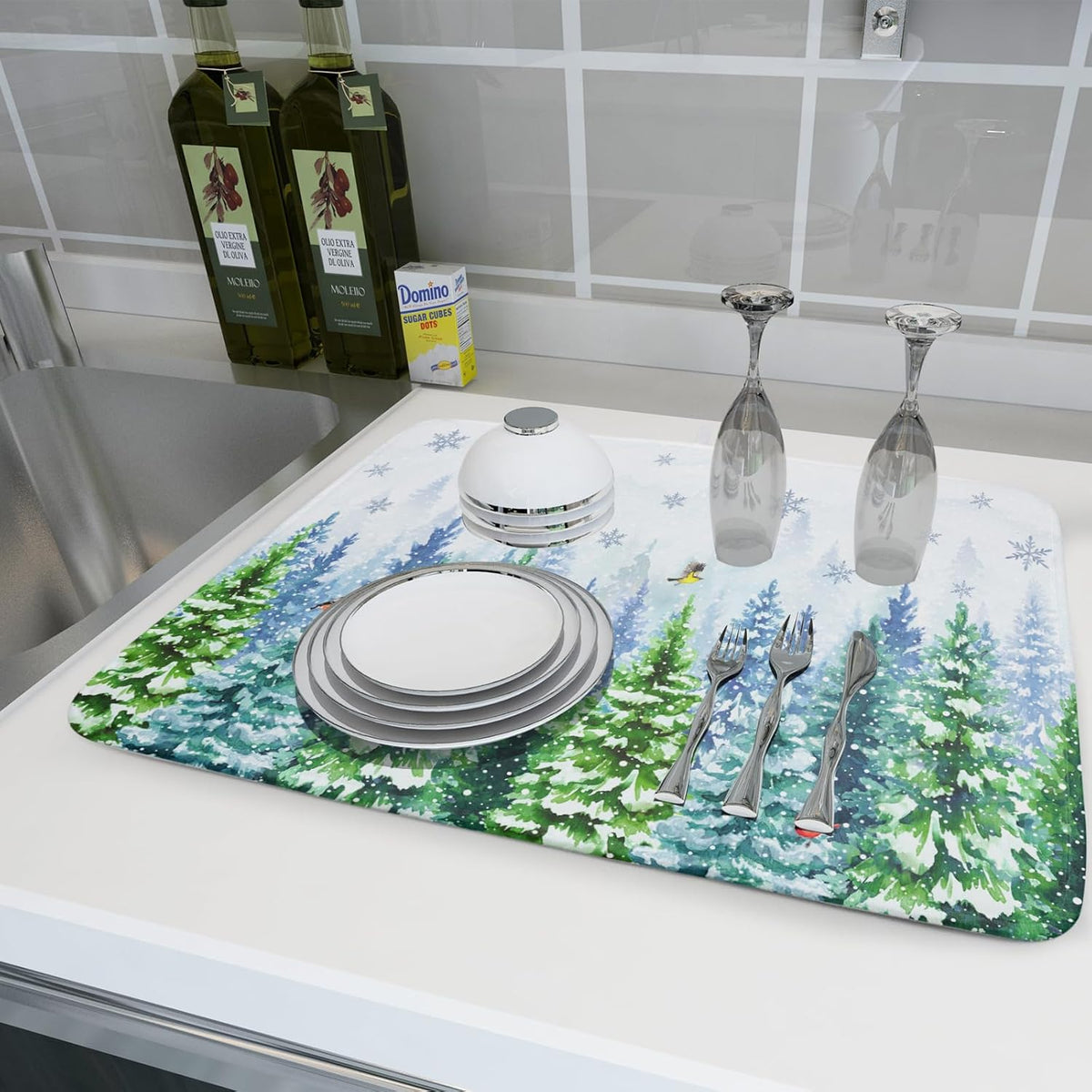 Winter Forest Dish Drying Mats - Snowflake Birds Dish Drainer Mat 18x24 Welcome Christmas Dish Draining Mat Watercolor Wildlife Tree Drying Pad for Kitchen Counter Sink