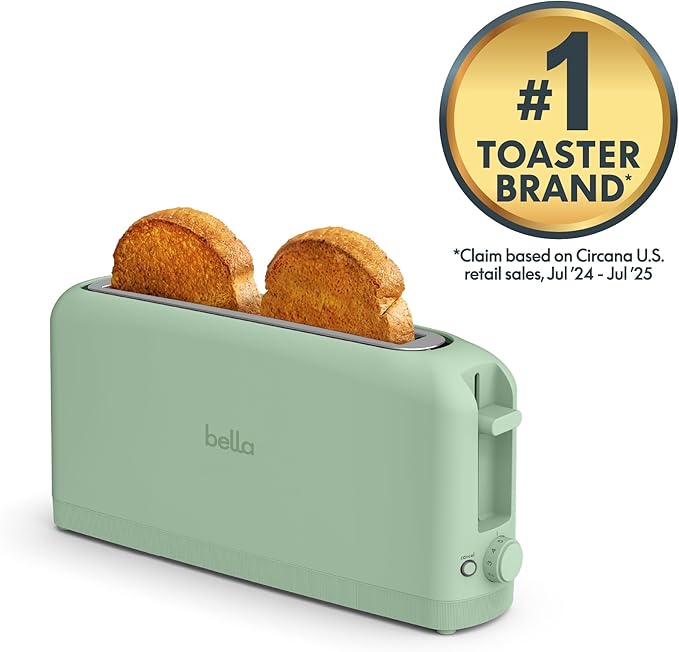 bella 2 Slice Slim Toaster, Fits-anywhere™ Kitchenware, 6 Setting Shade Control with Reheat & Cancel Buttons, Fits Sourdough, 10” Long Slot, Anti Jam & Auto Shutoff, 900 Watt, Seaglass