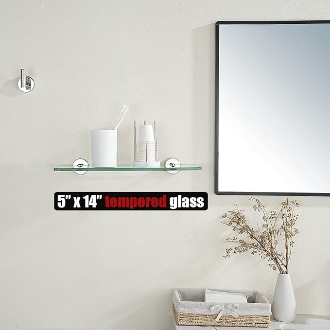 JQK Bathroom Glass Shelf Chrome, Tempered Glass Shower Storage 14 by 5 inches, 304 Stainless Steel Polished Chrome Wall Mount, TGS101L14-CH