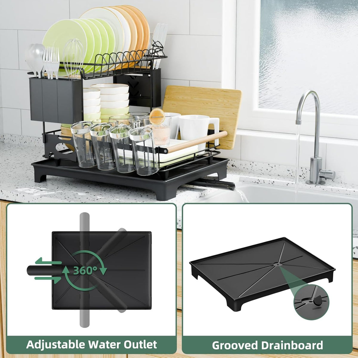 2 Tier Dish Drying Rack, Drying Rack with Automatic Drainboard, Dish Racks for Kitchen Counter, Rustproof Dish Drainer with Removable Utensil Holder, Cups Holder,Black
