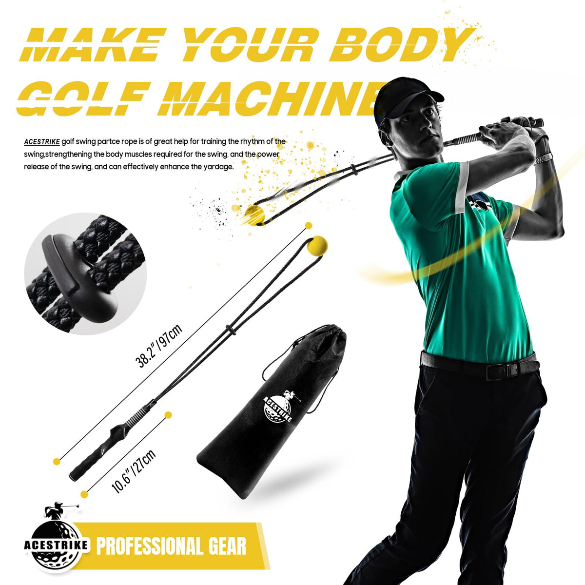 ACESTRIKE Golf Swing Training Aid, Golf Swing Pracice Rope, Rope Trainer Equipment Improve Swing Speed Lagging Rhythm, Golf Warm-Up Exercise for Strength and Training Arm for Golf Beginner