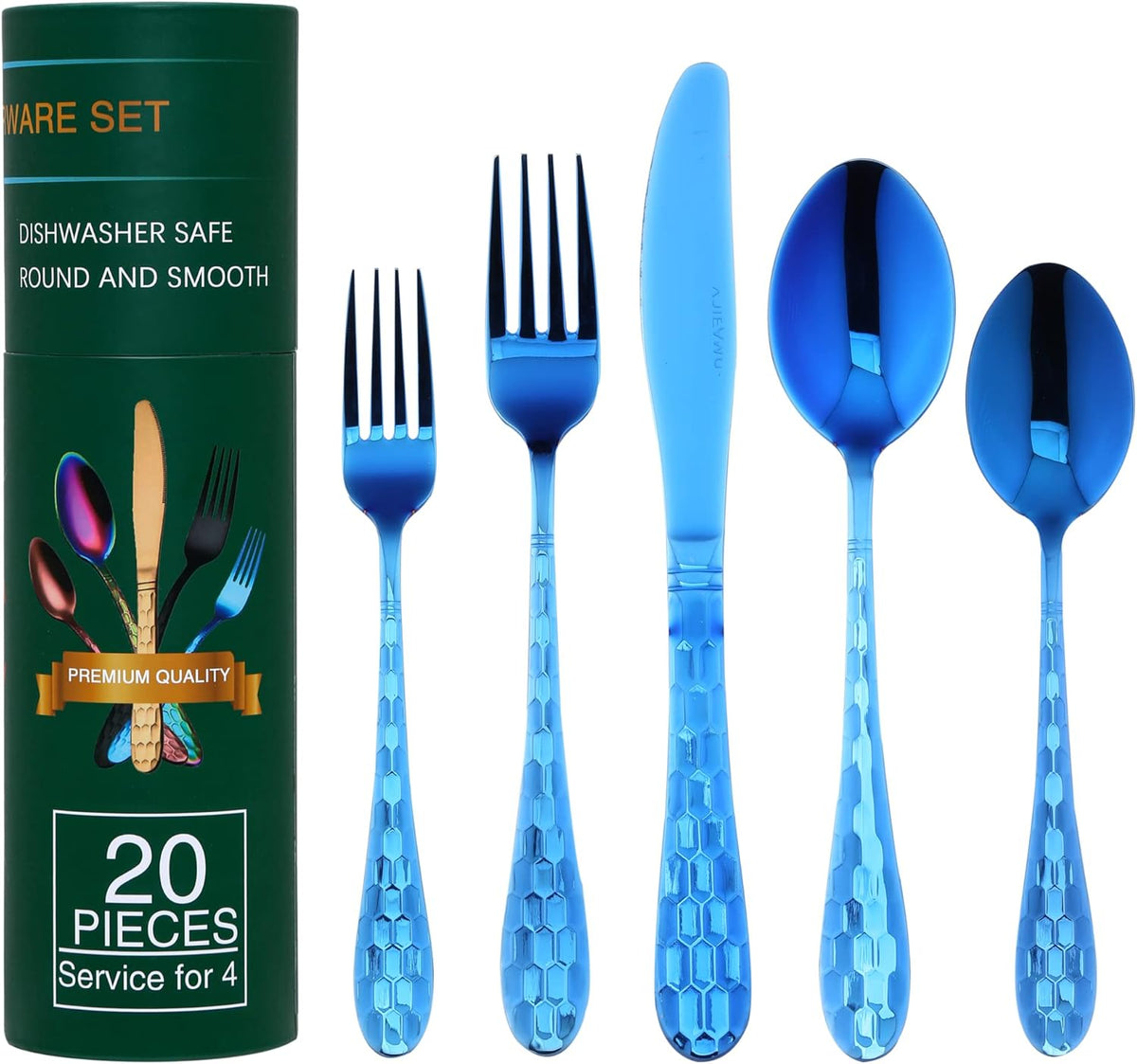Hammered 20-Piece Silverware Set for 4, 18/10 Stainless Steel Flatware Silverware Set, Unique Design Knife Fork Spoon Set for Home Kitchen Restaurant Wedding, Smooth Edge, Dishwasher Safe (Blue)