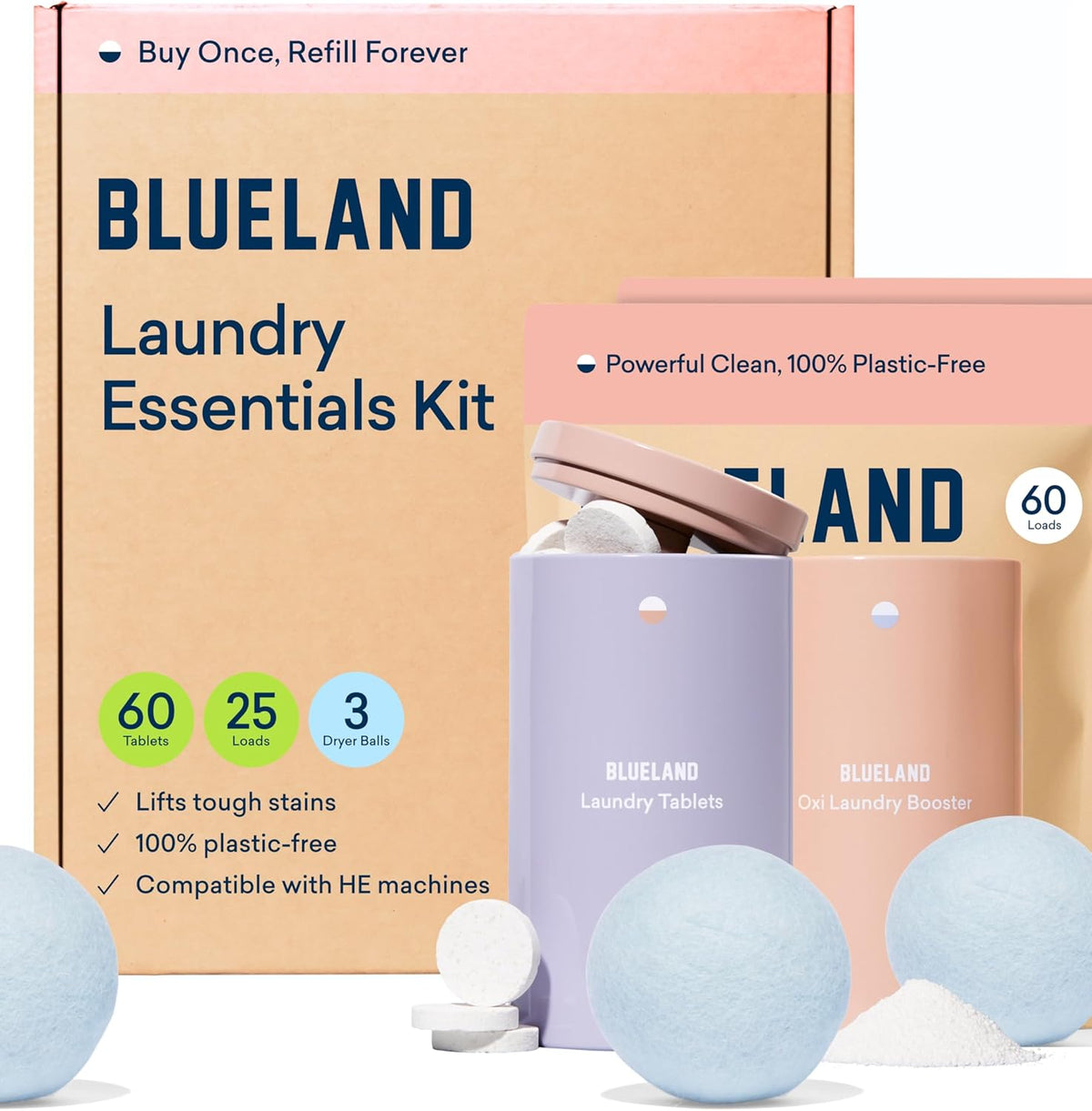 BLUELAND Laundry Essentials Kit, Spring Bloom - Plastic-Free Laundry Detergent Tablets, Oxi Booster, and Reuseable Natural Wool Dryer Balls