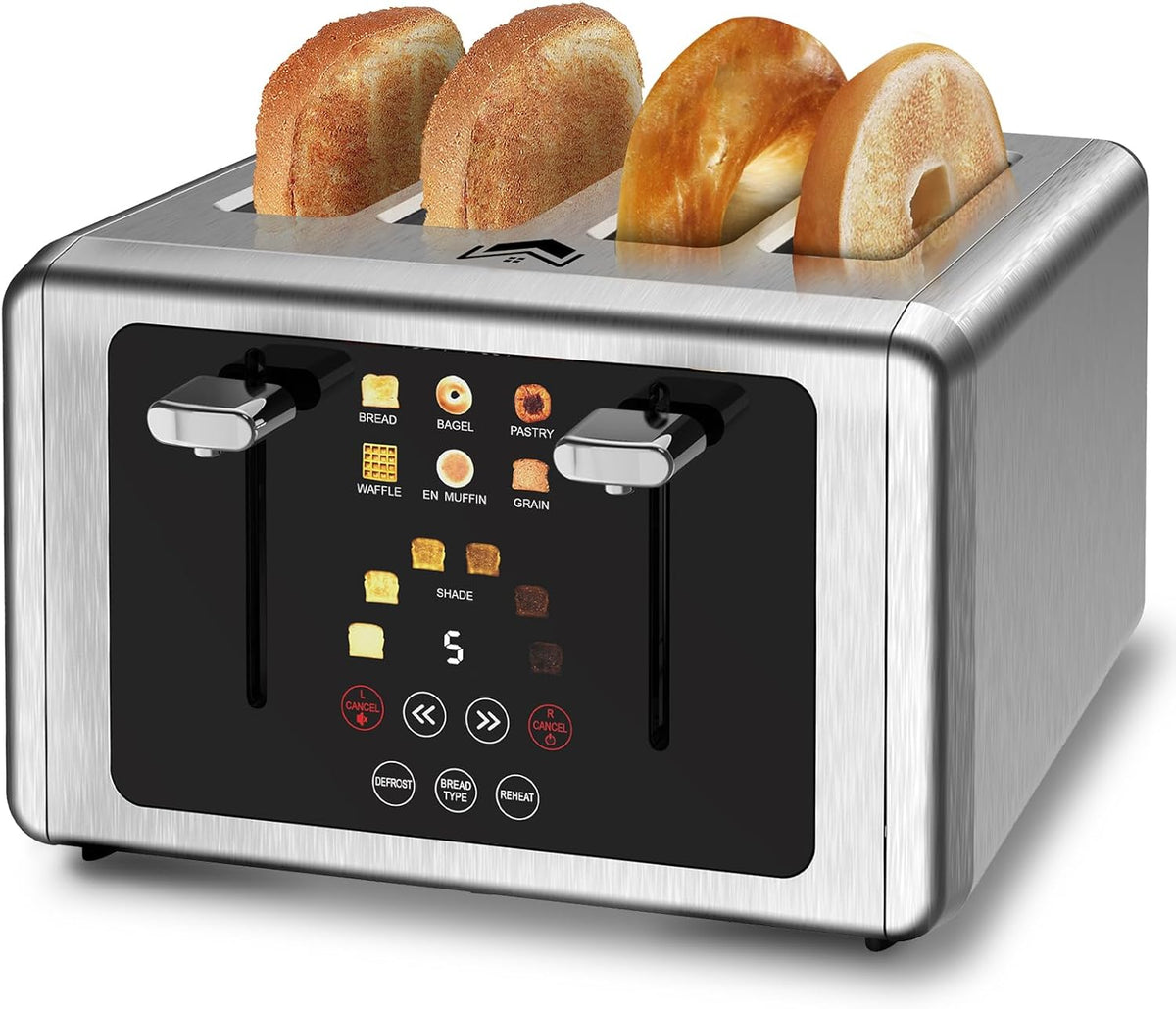 4 Slice Toaster, Touchscreen & Dual Independent Control Panel，5 Basic Functions & Digital Countdown Toasters, 6 Shade Settings＆6 Bread Types, Smart Bread Maker Mute/Screen-Off,Platinum