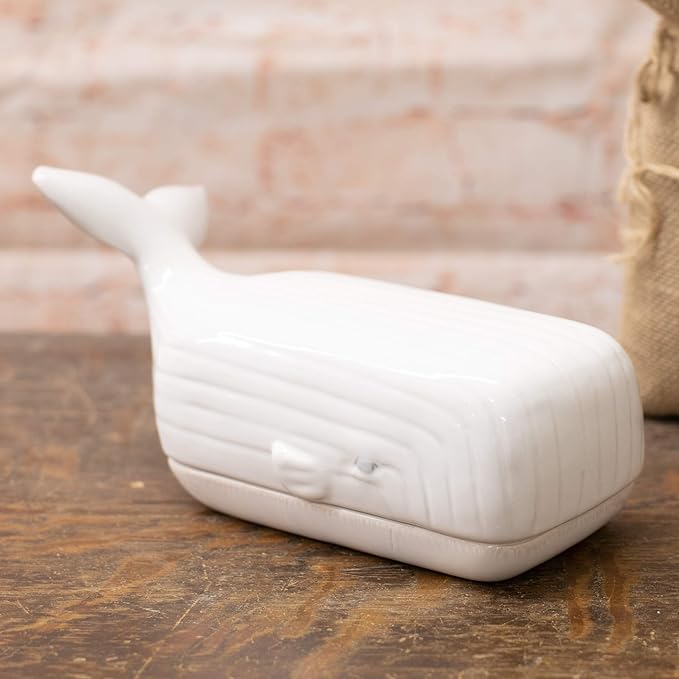 Nautical Whale Glossy White 9 x 4 Ceramic Butter Dish With Lid