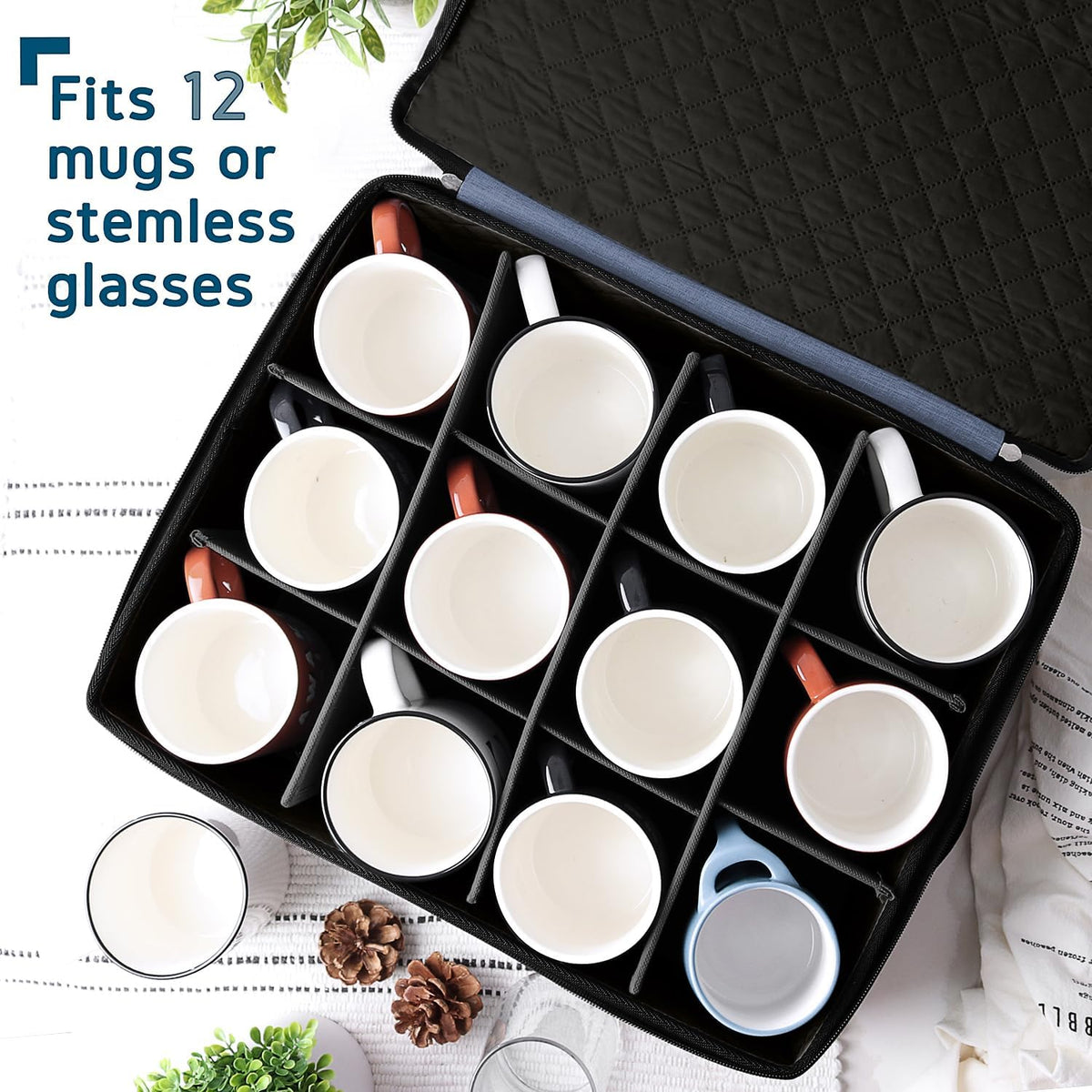 Coffee Mug Storage, 2 Pack Quilted and Stackable Coffee Cup Storage Organizer for Service of 24, Mug Storage Box with Dividers, China Containers Hard Shell for Moving and Organization, Blue