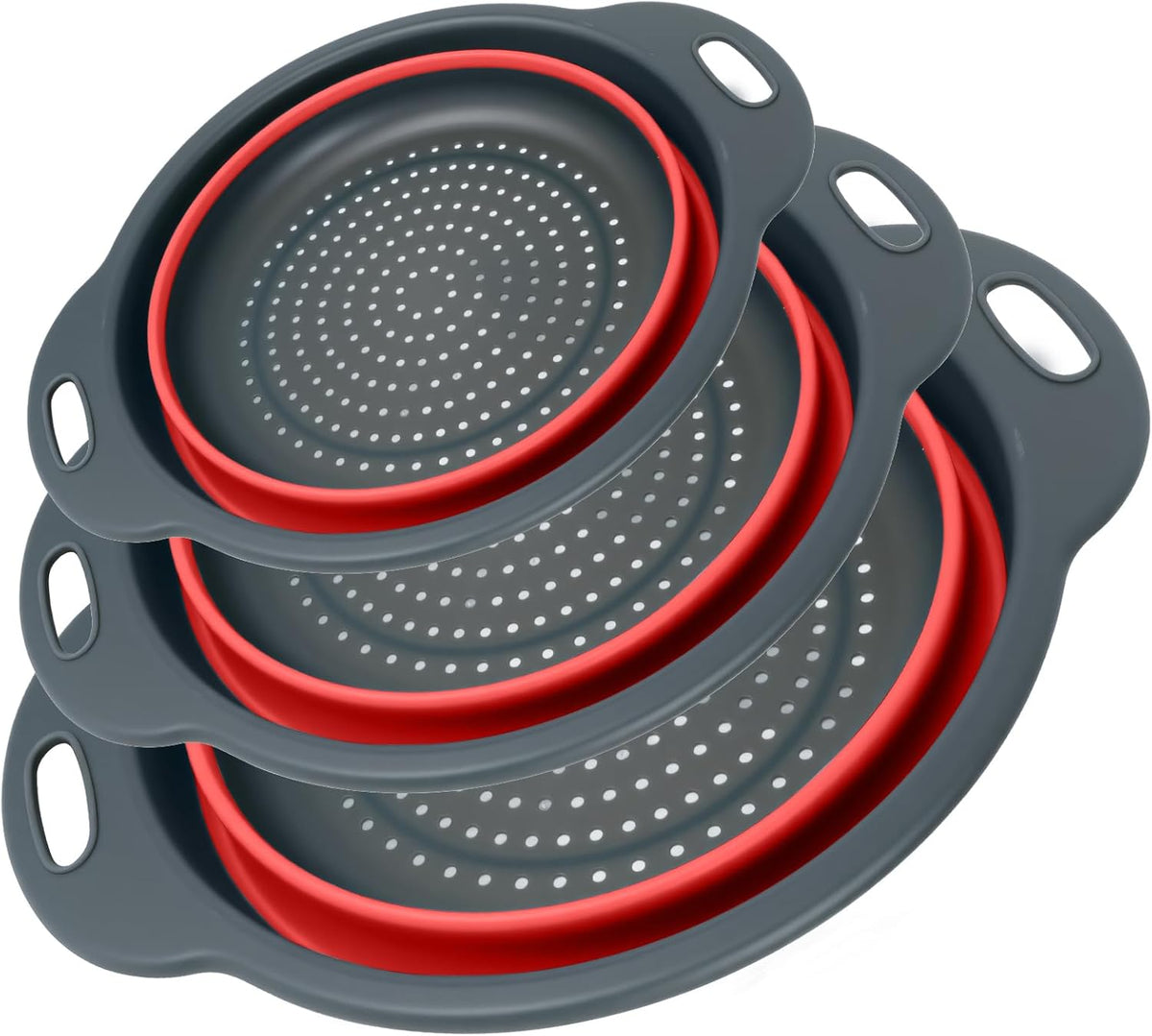 Collapsible Colander 3-Pack Set Space-Saving Foldable Kitchen Strainer with Non-Slip Base Durable Thickened PP+TPE Collapsible Strainers for Pasta, Vegetables, Fruits (Gray-Red)