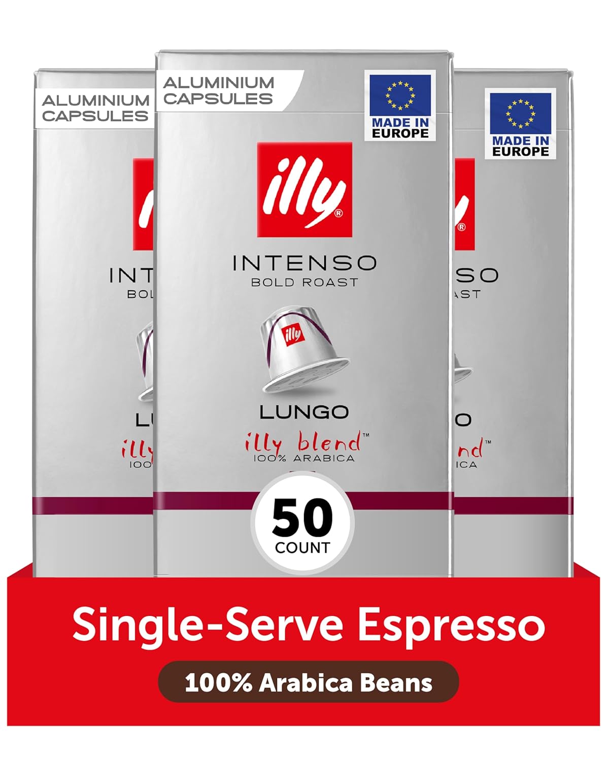 illy Aluminum Espresso Capsules - Compatible with Nespresso Machines - Intenso Lungo Roast Coffee- Bold & Full of Flavor - Notes of Cocoa and Dried Fruit - Single Serve Capsules - 10 Count (Pack of 5)