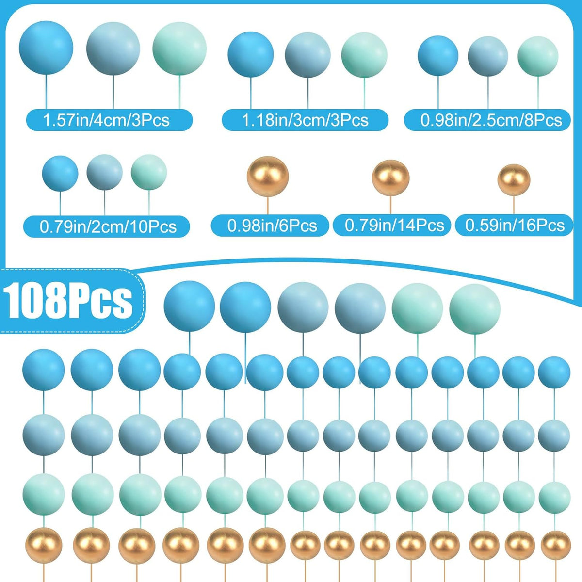 Tondiamo 108 Pcs Balls Cake Topper DIY Cupcake Insert Foam Balloons for Cake Baking Wedding Anniversary Birthday Decoration (Blue Gold,Multi Sizes)