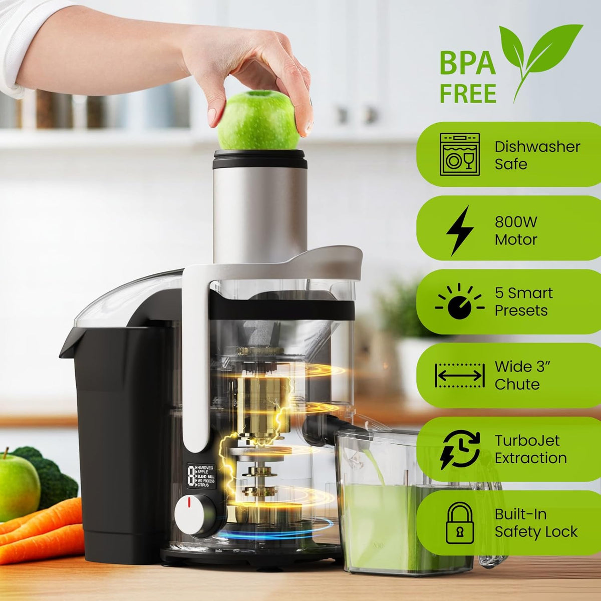 Eurolux 800W Premium Centrifugal Juicer for Whole Fruits and Vegetables – TurboJet Extraction System – 5-Speed Dial with Digital Display – Wide 3” Feed Chute – Easy to Clean – BPA-Free- Stainles Steel
