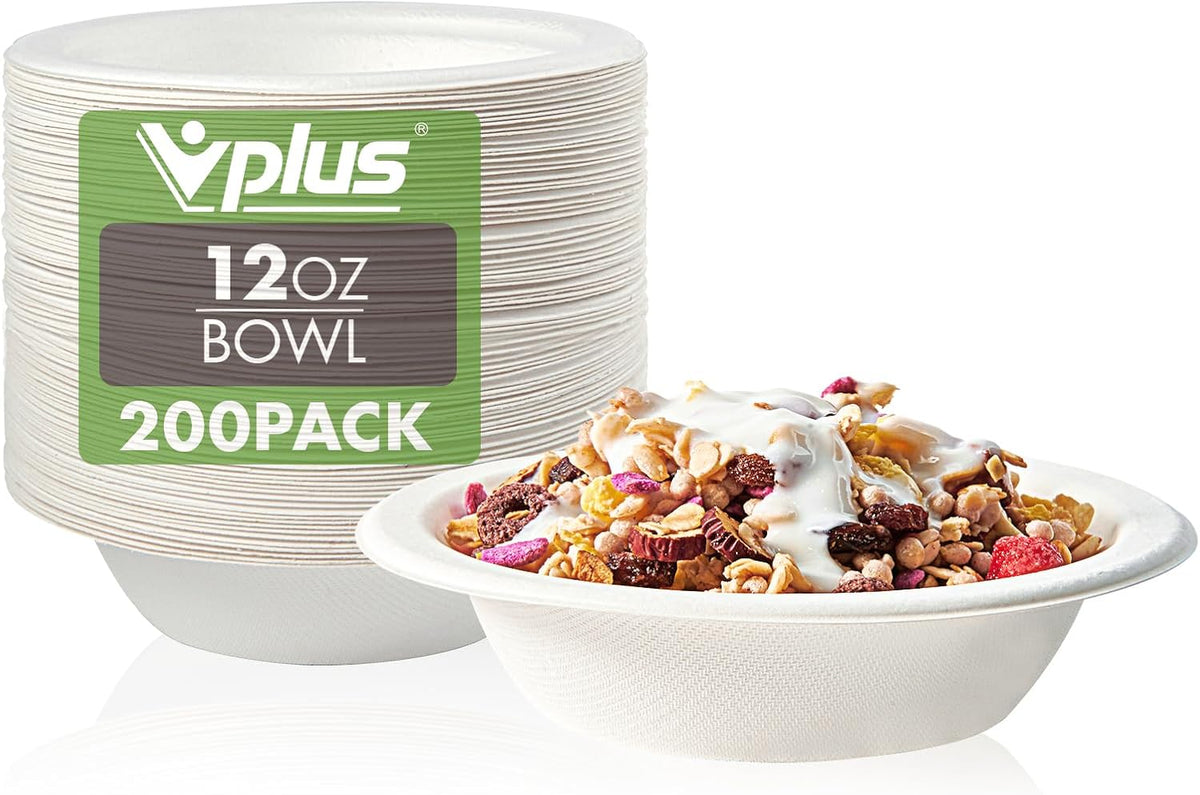 Vplus 200 Pack 12 OZ Paper Bowls, Disposable Compostable Bulk, Eco-friendly Bagasse, Heavy-duty Bowls Perfect for Milk Cereals, Snacks, Salads