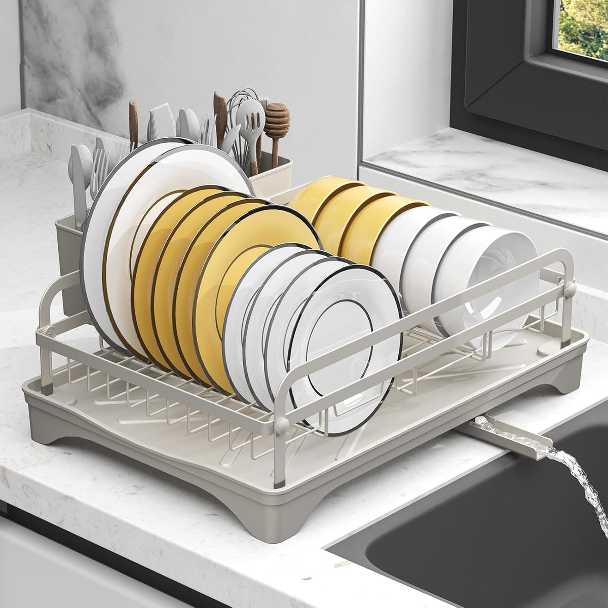 Dish Drying Rack,Dish Racks for Kitchen Counter,Metal Dish Drainer with Adjustable Drainage Spout,Removable Knife and Fork Holder (Grey)