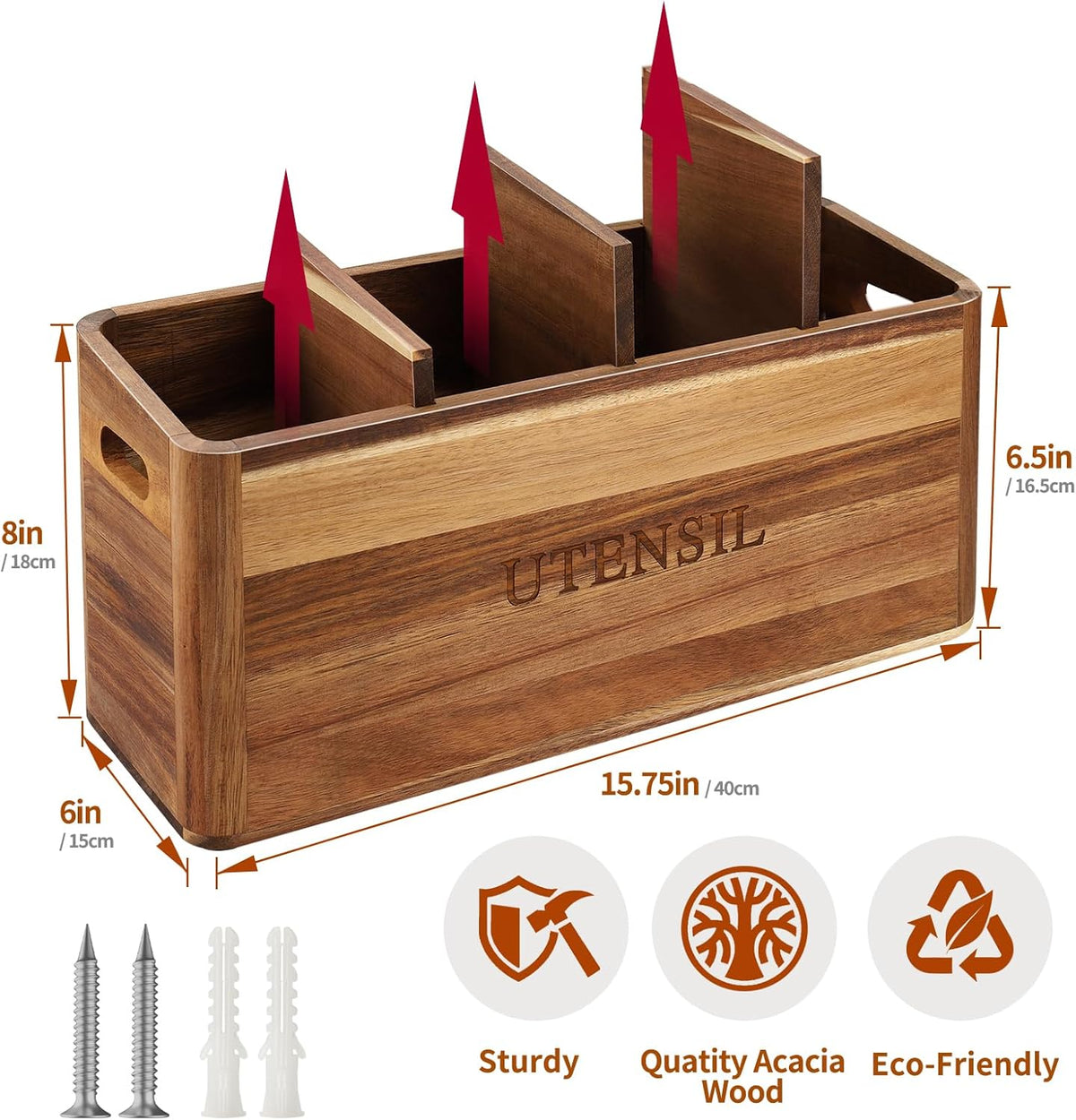 Kitchen Utensil Holder with 4 Compartments, Large Acacia Wood Utensil Caddy Storage Caddy Organizer Countertop for Flatware Silverware Fork Spoon Spatula